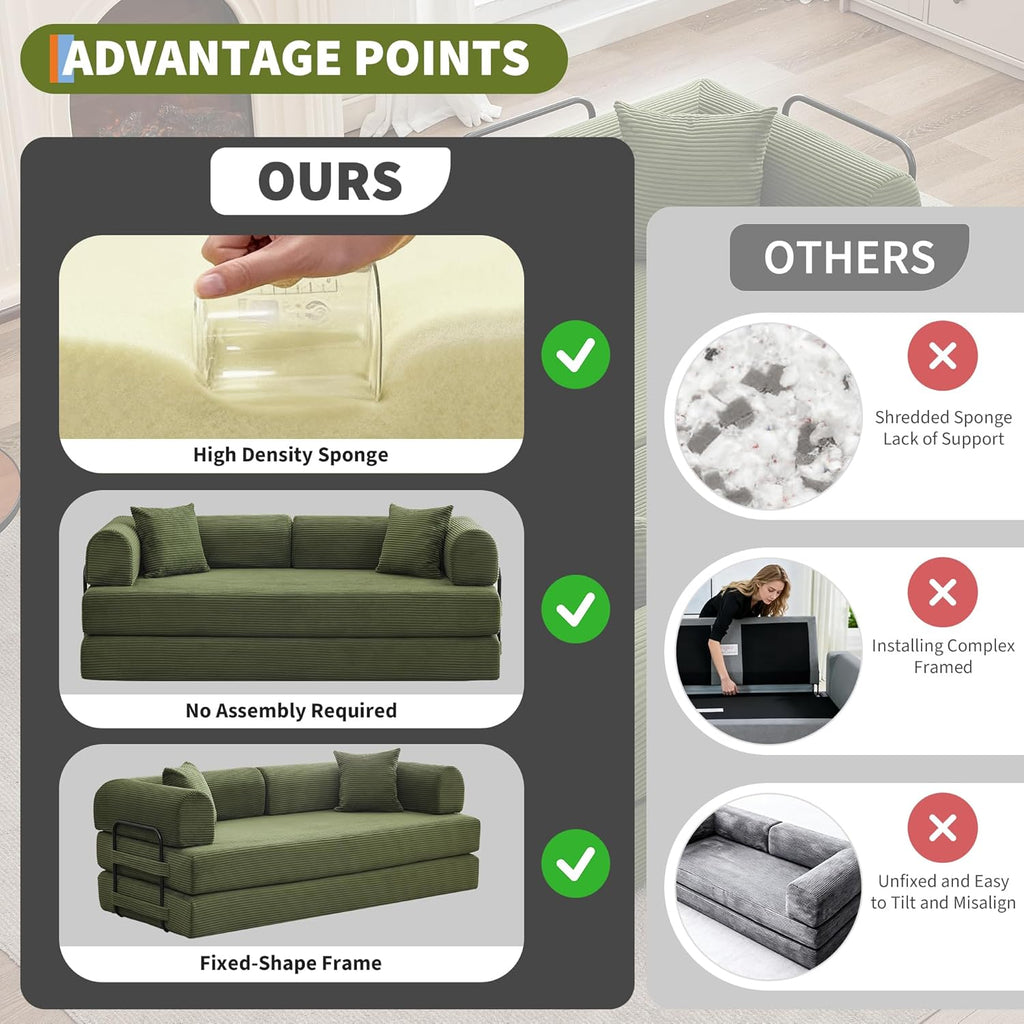 GarveeHome 79" Convertible Sleeper Sofa Bed Couch, 4-in-1 Boneless Corduroy Folding Sofa Bed with Pillow & Fixed-Shape, Floor Mattress Couch Loveseat for Living Room Apartments - No Assembly, Green