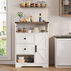 Vabches Farmhouse Buffet Sideboard Cabinet with 2 Drawers and Open Shelf, 27.5" Storage Cabinet with Adjustable Shelves and Door, Coffee Bar Hutch Pantry for Kitchen, Living Room, Entryway, White