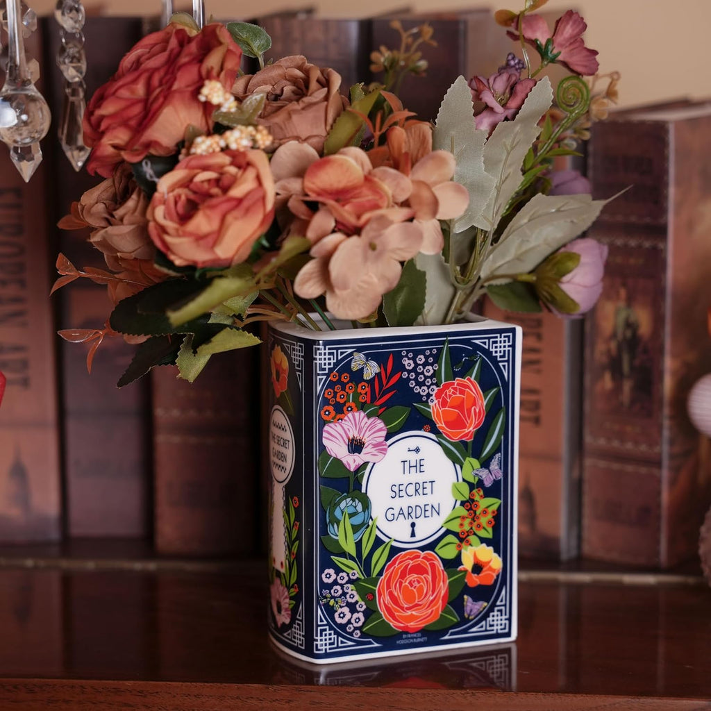 Ceramic Book Vase for Flowers, Home Decor, Cute Bookshelf Accent, Lovers Gifts, Unique Home/Bedroom/Office Decor (Small - Secret Garden)