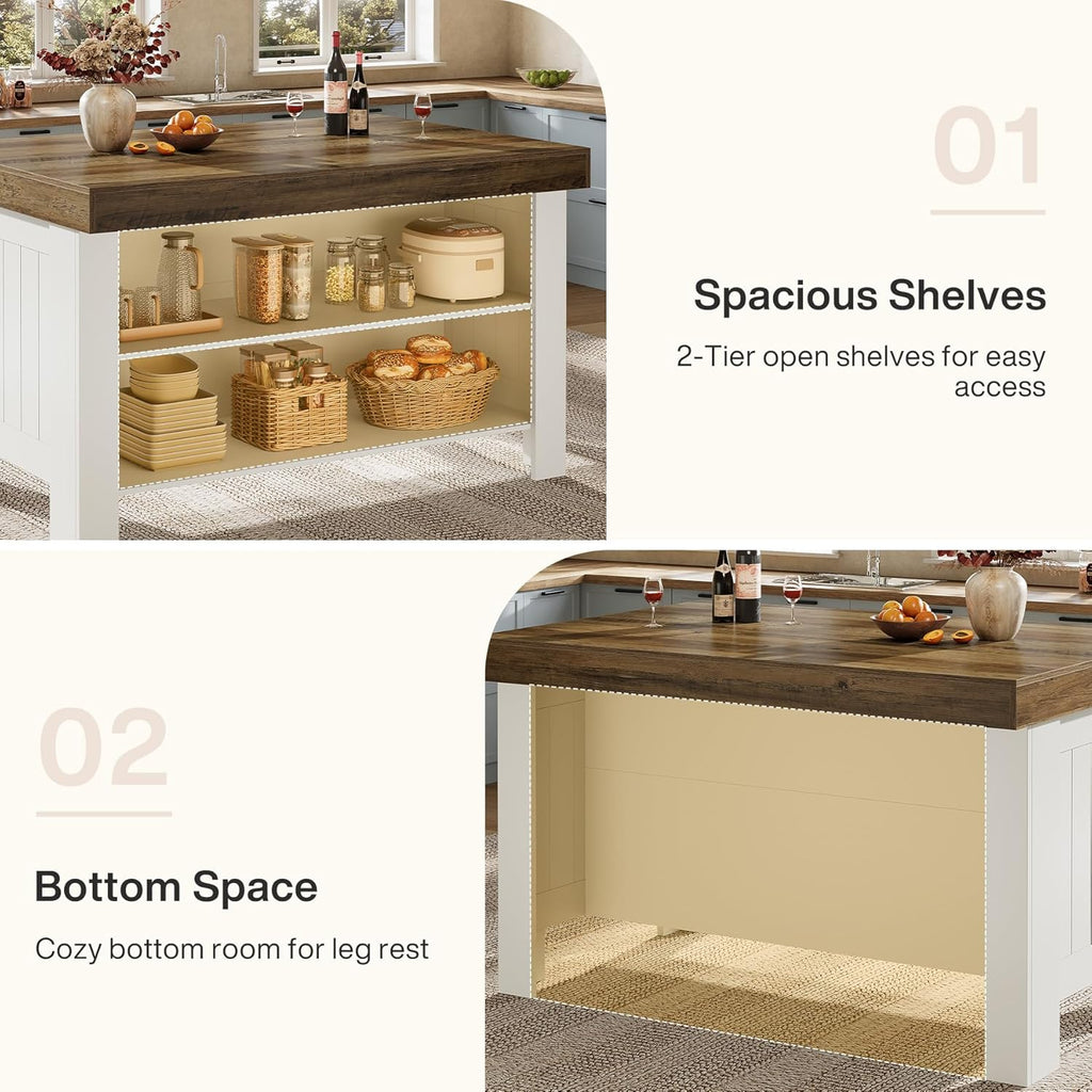 Tribesigns 55-Inch Kitchen Island with Seating and Storage, Farmhouse Wooden Stationary Island Table with Large Worktop & Leg Room, with Storage Shelves for Kitchen, Dining
