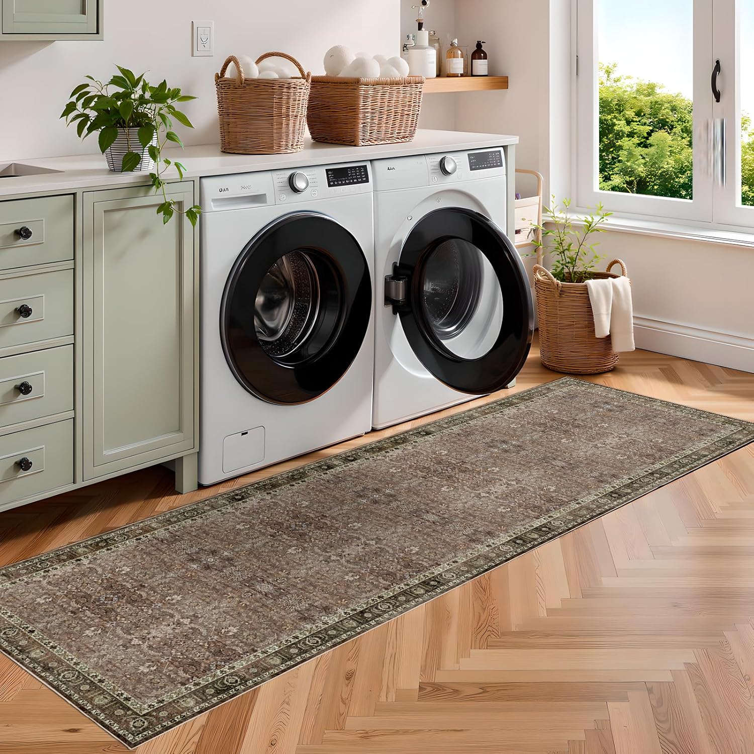 Washable Runner Hallway Rug,Low Pile 2x6 Non Slip Non-Shedding Kitchen Carpet Soft Indoor Stain Resistant Rug for Bedroom Laundry Room Bathroom Brown Floral