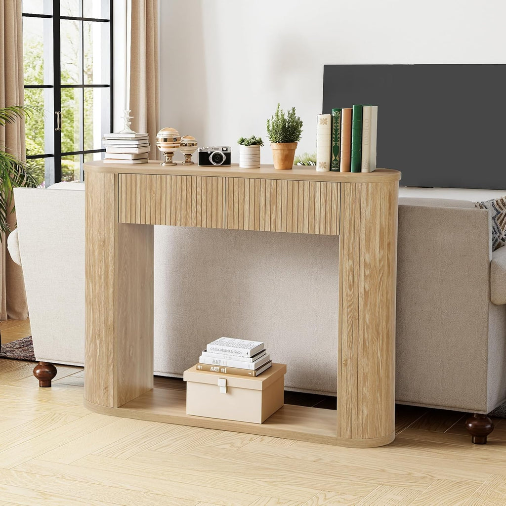 42.5” Console Table with 2 Drawers, Fluted Entryway Table with Rounded Corners, Rectangular Sofa Table Behind Couch for Living Room, Hallway, Foyer (Natural)