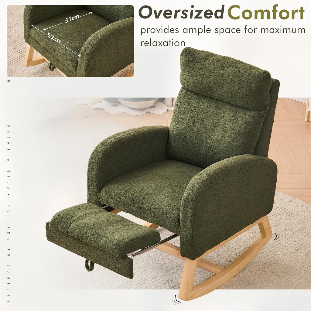 FOXHUNTER Rocking Chair for Nursery with High Backrest & Foot Rest-Nursery Rocking Chairs with Side Storage Pocket for Breastfeeding,Modern Glider Chair for Baby Bedroom,Living Room,Teddy, Green