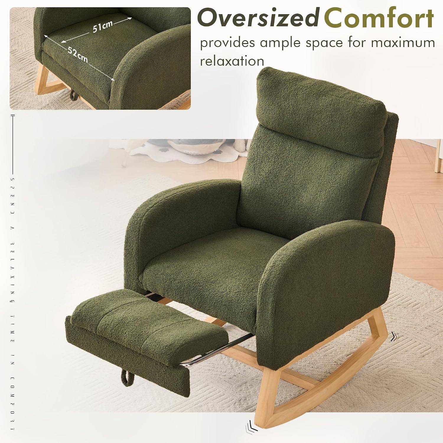 FOXHUNTER Rocking Chair for Nursery with High Backrest & Foot Rest-Nursery Rocking Chairs with Side Storage Pocket for Breastfeeding,Modern Glider Chair for Baby Bedroom,Living Room,Teddy, Green