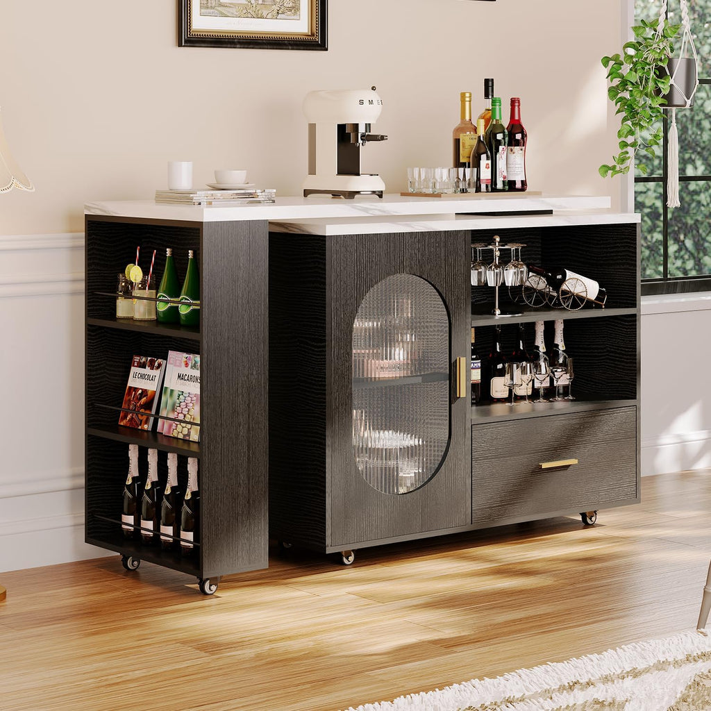 HSH Kitchen Island with Storage, Mobile Kitchen Island Cart with Cabinet, Drawer & Shelves, Farmhouse Island Table on Wheels with White Faux Marble Top and Black Oak Base for Dining Room & Home Bar