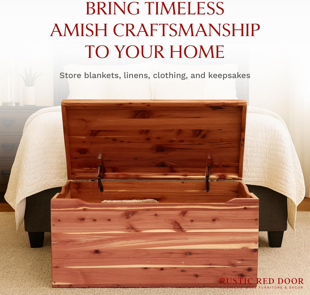 Amish Made Wooden Storage Chest Trunk Box with Lid and Handles for Bedroom, Blanket, Clothes, Anti-Slam Hinges, Handmade, Rustic, Cedar Wood, Natural Stain, 36"
