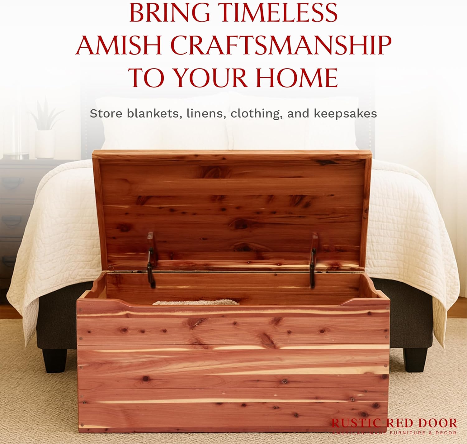 Amish Made Wooden Storage Chest Trunk Box with Lid and Handles for Bedroom, Blanket, Clothes, Anti-Slam Hinges, Handmade, Rustic, Cedar Wood, Natural Stain, 36"