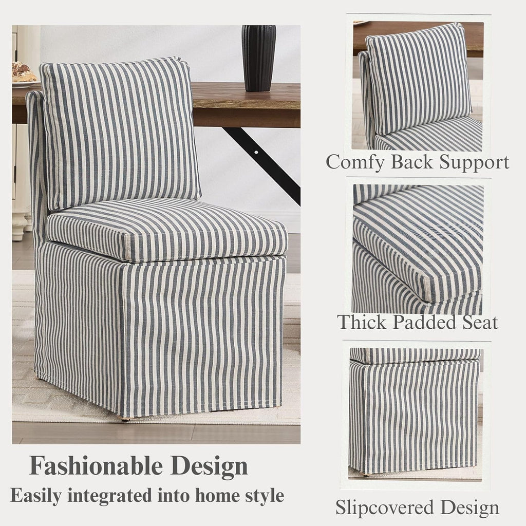 Slipcovered Dining Chairs Set of 2, Farmhouse Upholstered Dining Chair with Solid Wood Legs, Soft Padded Armless Side Chair for Dining/Living/Reading Room, Banquet, Blue Stripe