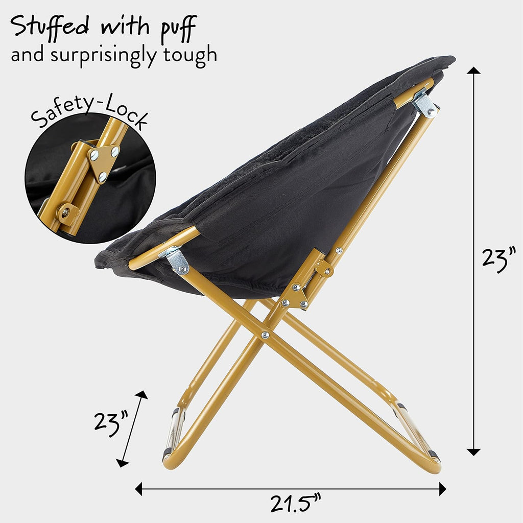 Heritage Kids Folding Faux Fur Saucer Chair 23 Inch Comfortable Plush Lounge Seating Soft Lightweight Portable Children Bedroom Playroom Modern Home Furniture Black
