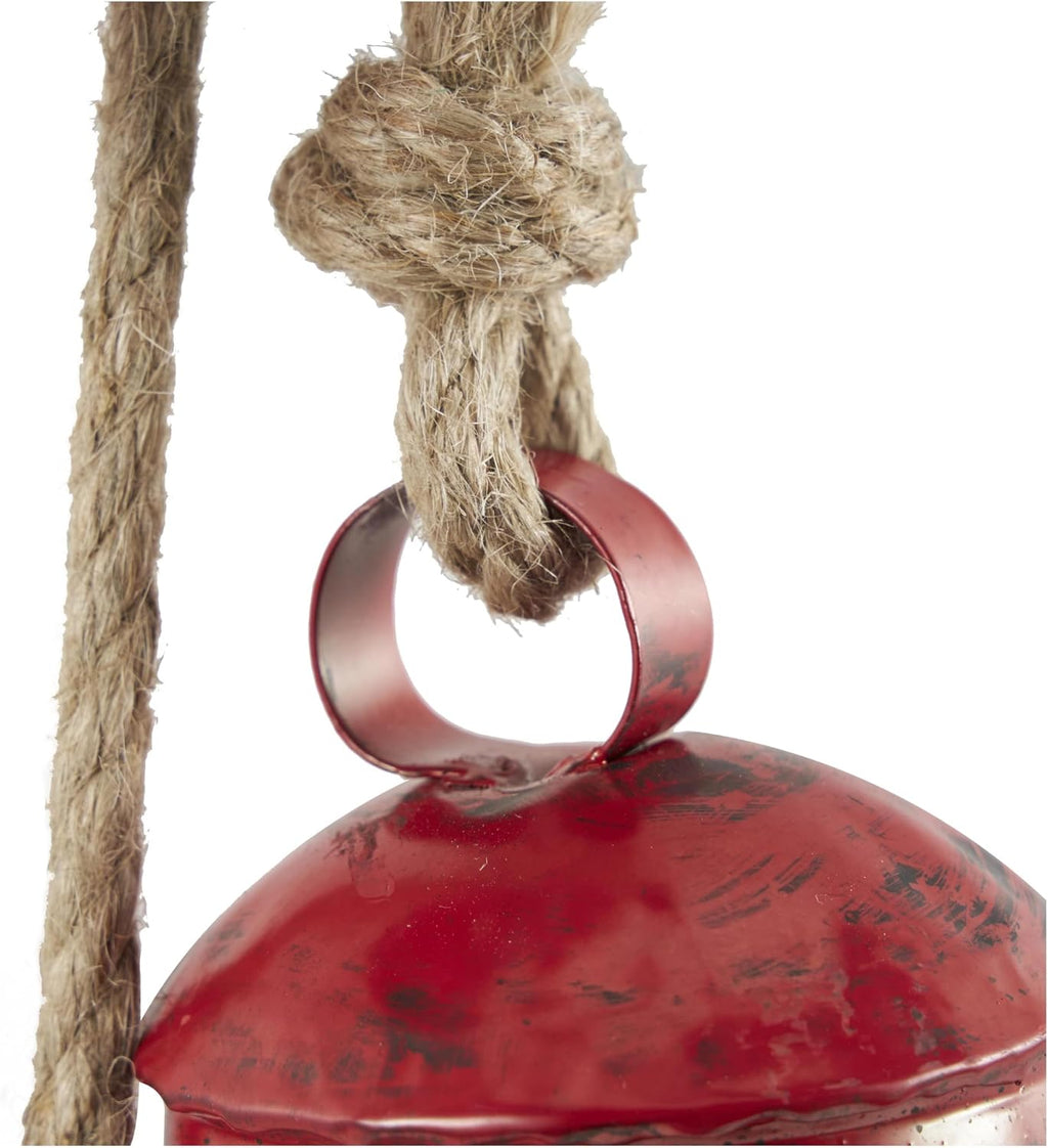 Deco 79 Metal Indoor Outdoor Decorative Cow Bells Tibetan Inspired Cascading Meditation Bell with 4 Bells on Jute Hanging Rope, Cow Bell 3" x 3" x 27", Red