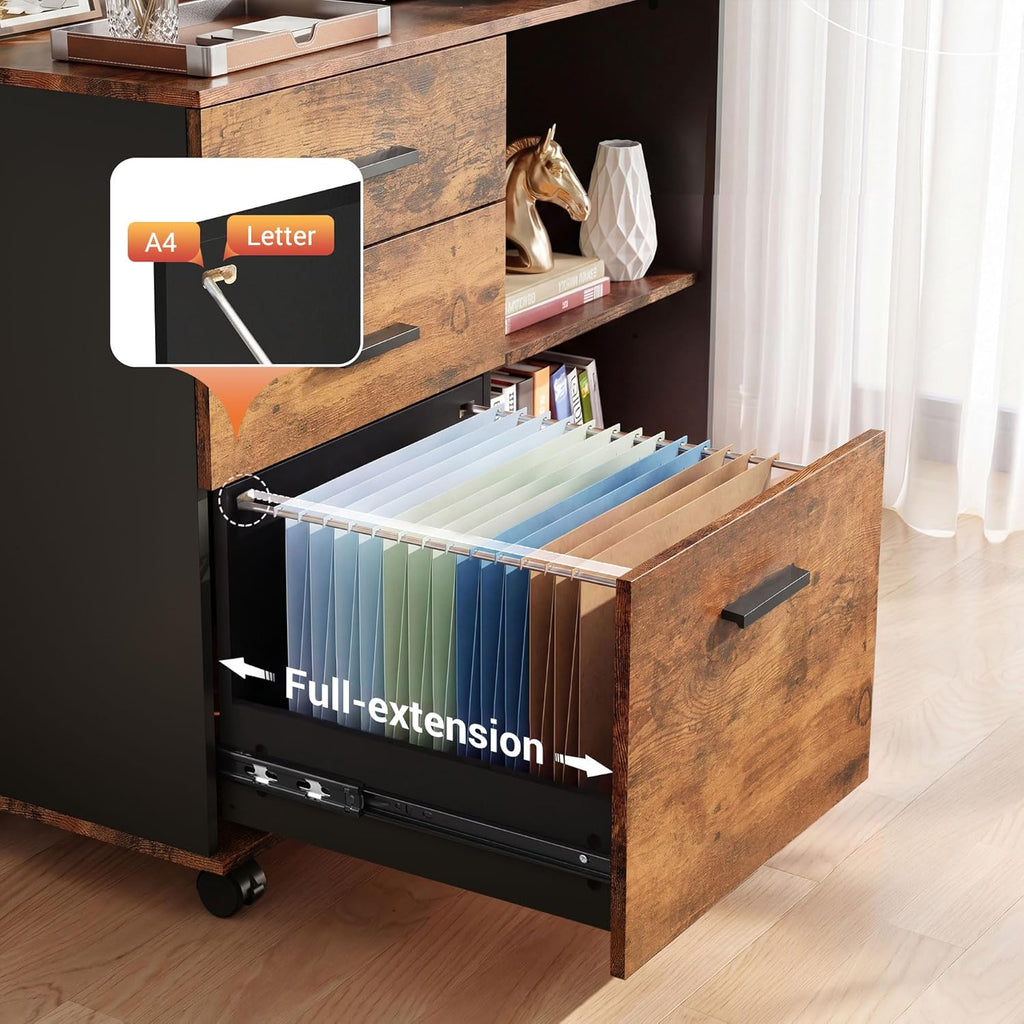 DEVAISE 3 Drawer Wood File Cabinet, Rolling Filing Cabinet with Open Storage Shelf, Printer Stand for Home Office Storage and Organization, Fits Letter/A4 Files (Rustic Brown, Wood)