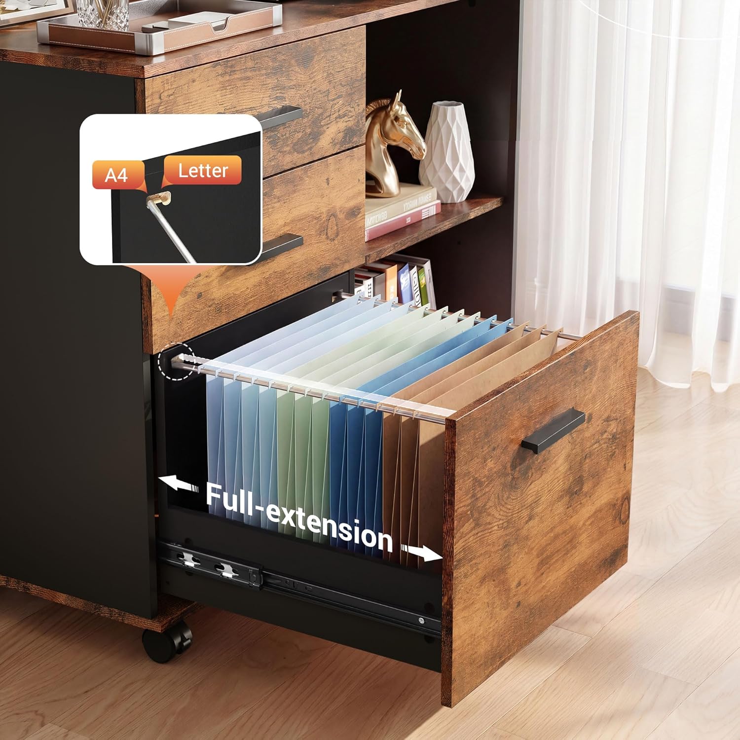 DEVAISE 3 Drawer Wood File Cabinet, Rolling Filing Cabinet with Open Storage Shelf, Printer Stand for Home Office Storage and Organization, Fits Letter/A4 Files (Rustic Brown, Wood)