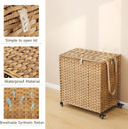 Laundry Hamper with Wheels, 39.6 Gallon(150L) Rolling Laundry Basket with Lid, 3-Section Rattan Clothes Hamper with 3 Removable Liner & 3 Mesh Bags, Laundry Sorter with Side Pocket, Natural
