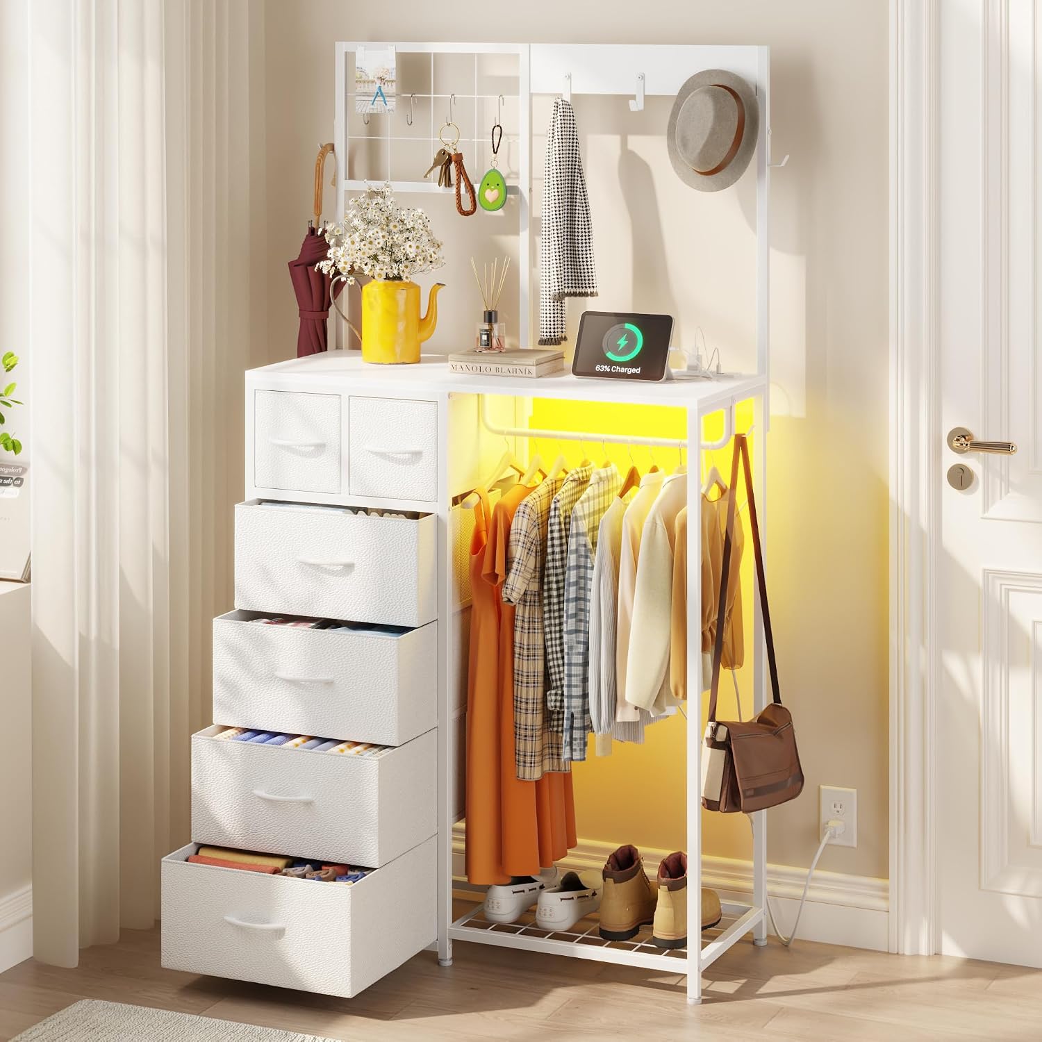 YAOHUOO Dresser with 6 Drawers and Hanging Rack, White | 6 Drawer Dresser, Hanging Rack, Charging Station, LED Light, Shoe Rack, Side Hooks, Entryway, Bedroom