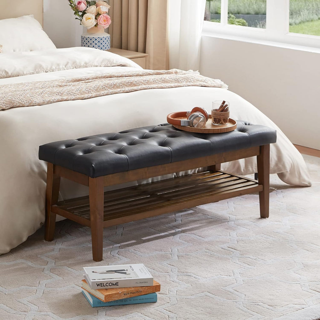 HUIMO Entryway Shoe Leather Bench, End of Bed Bench,PU Button-Tufted Indoor Bench,Ottoman Bench for Living Room, Padded Bench with Solid Wood Shelf,Kitchen Leather Seat Dining,Black