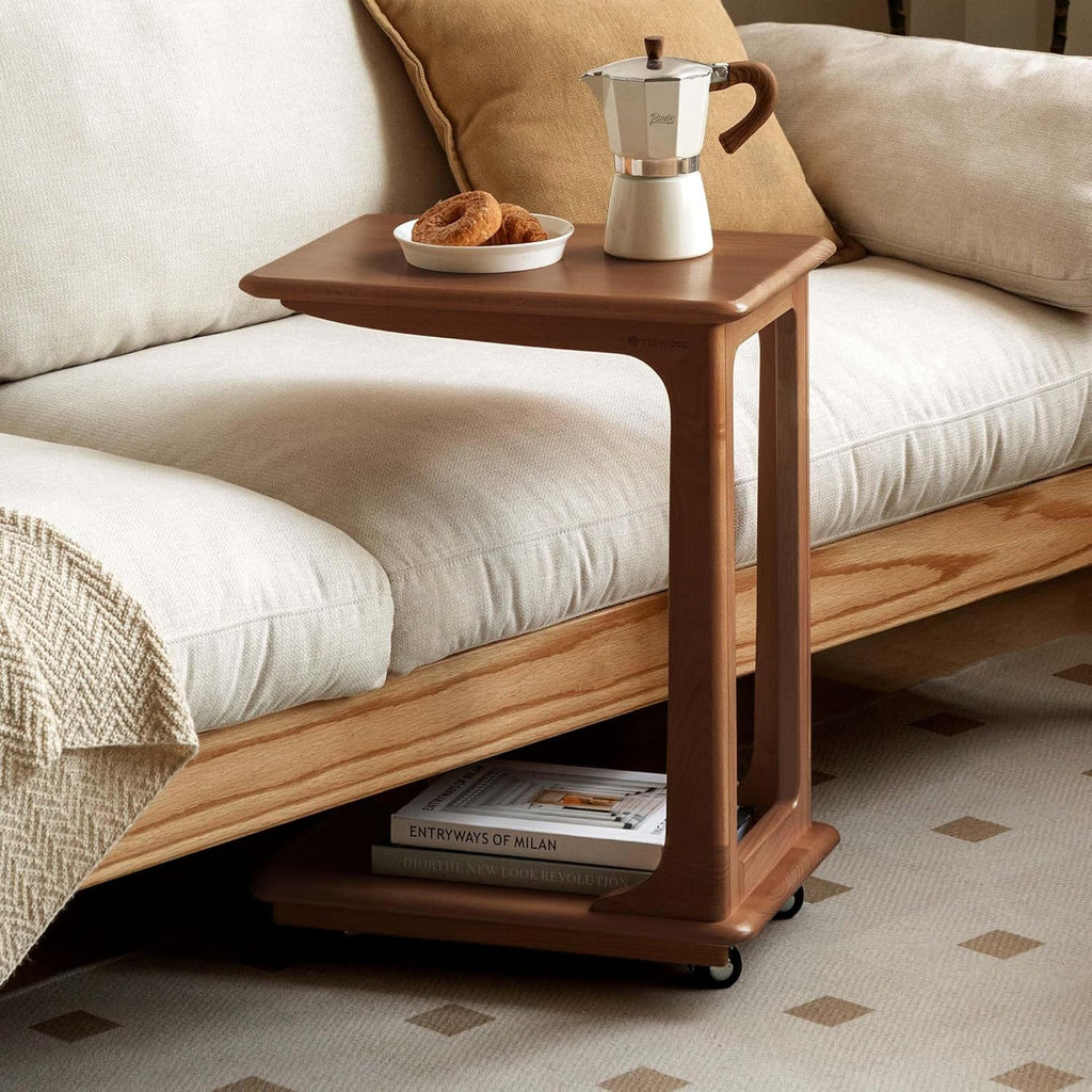 YESWOOD 100% Solid Wood C Shaped Side Table with Wheels, Small Side Table for Living Room, Wooden End Table for Couch, Walnut Bed Side Tables for Bedroom(24.5" H)