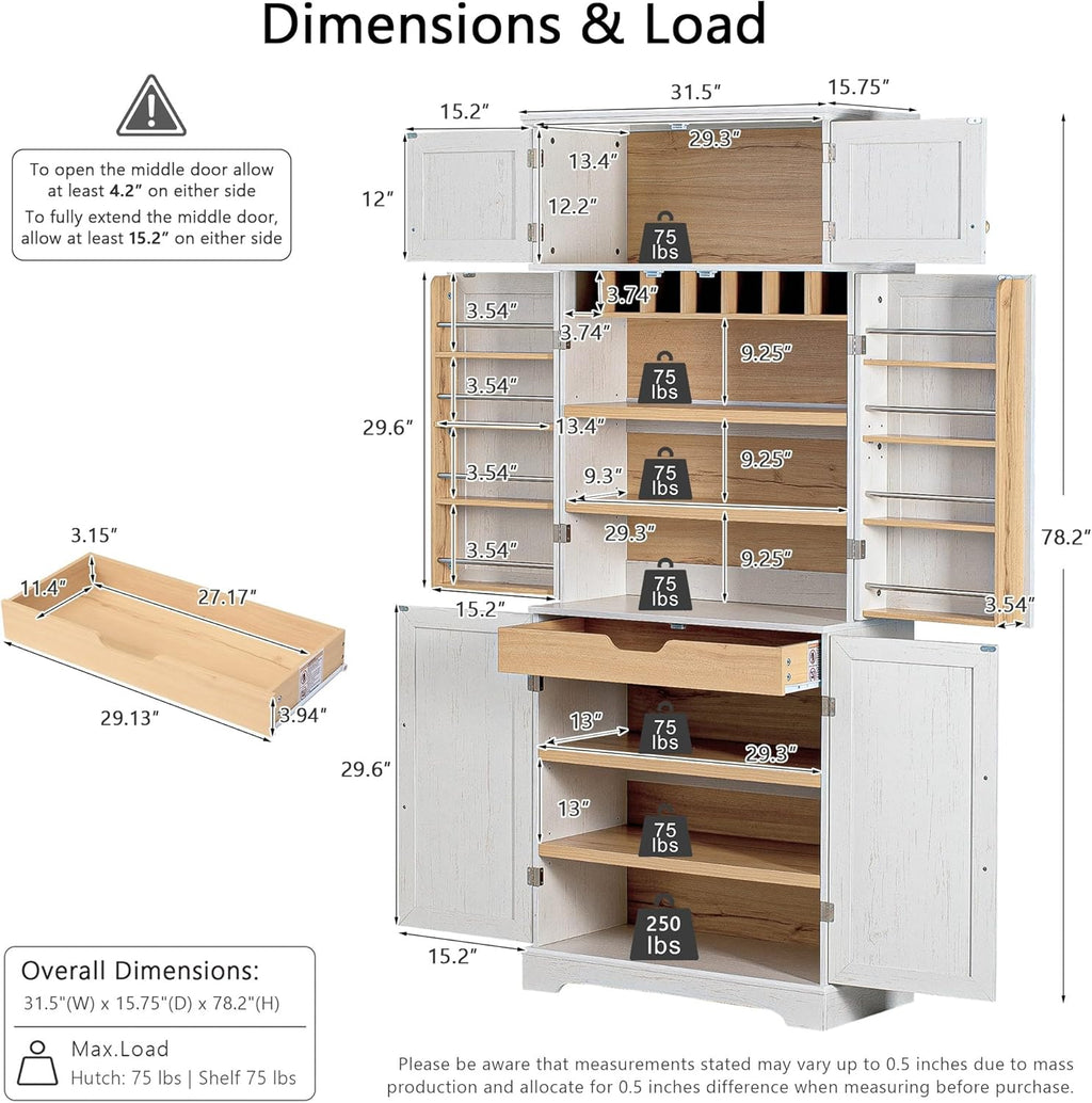 Merax 78.2" Tall Kitchen Pantry Storage Cabinet, Farmhouse Freestanding Large Cupboard with Hidden Drawer, Cabinet, 4 Adjustable Shelves, 8 Door-Shelf & 7 Wine Rack for Dining Room, White