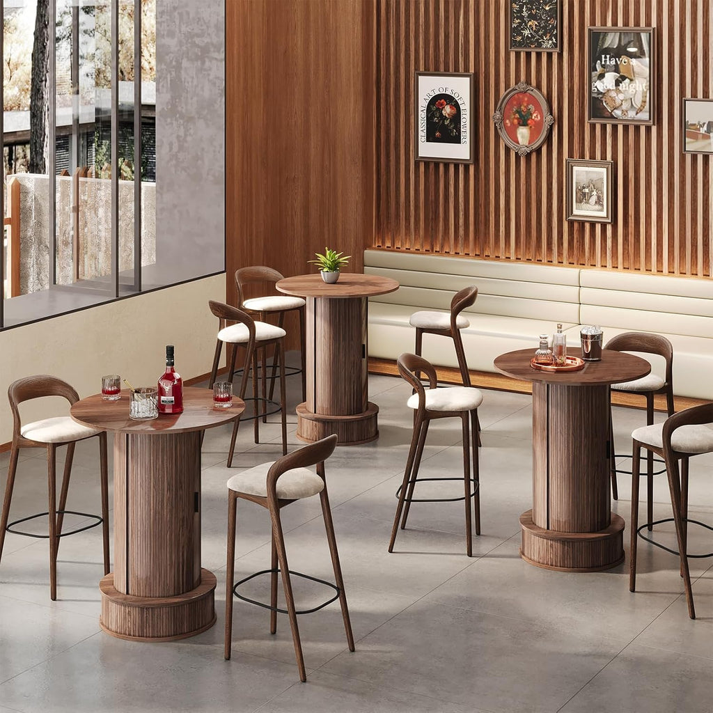 Round Bar Table with 2-Tier Hidden Storage, 38.1" H Wood High Top Table, Bistro Pub Table with Footrest, Cocktail Tables for Coffee Bar, Kitchen Dining Room, Small Space (Walnut)