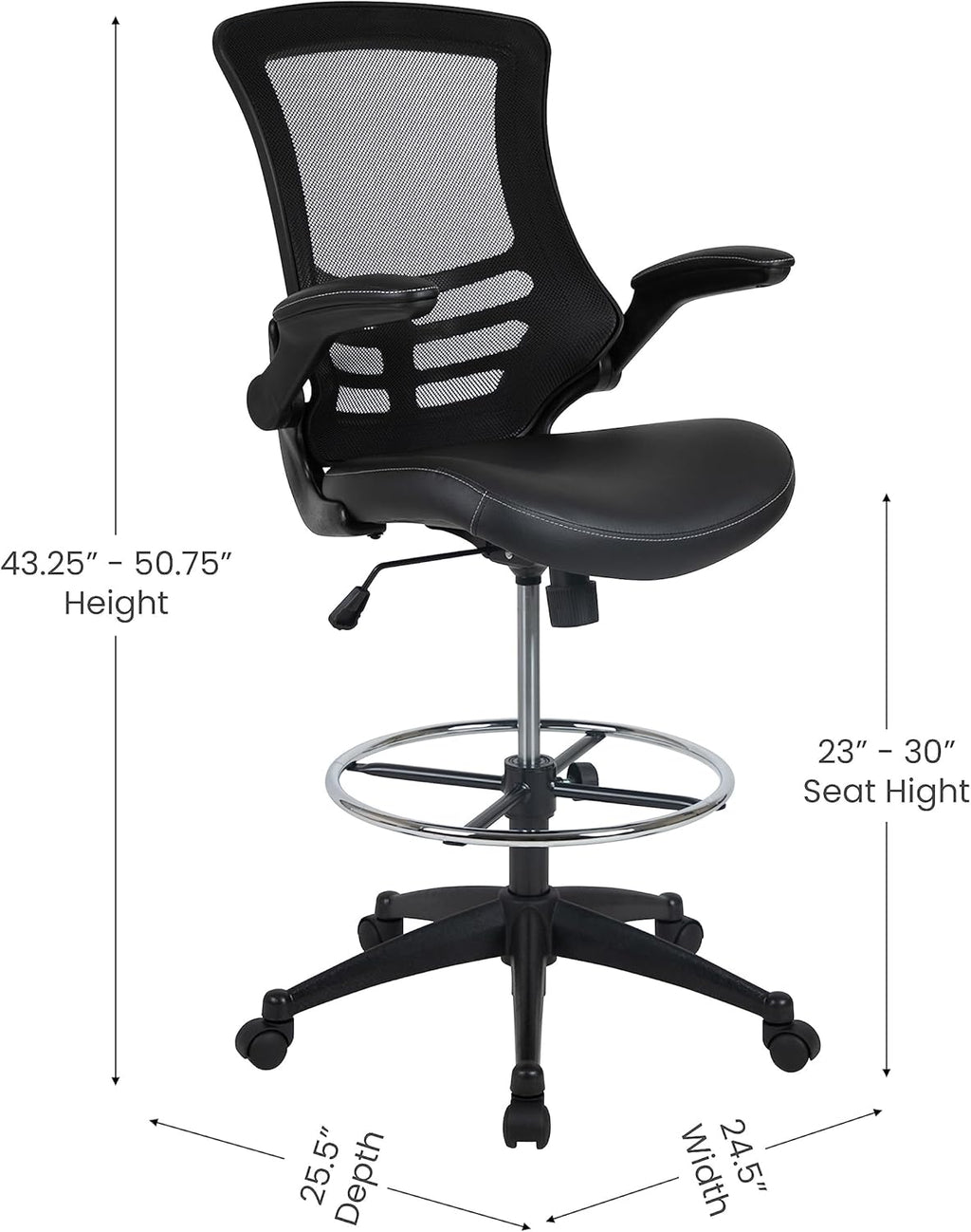 EMMA + OLIVER Mid-Back Black Mesh/LeatherSoft Ergonomic Drafting Chair with Flip-Up Arms