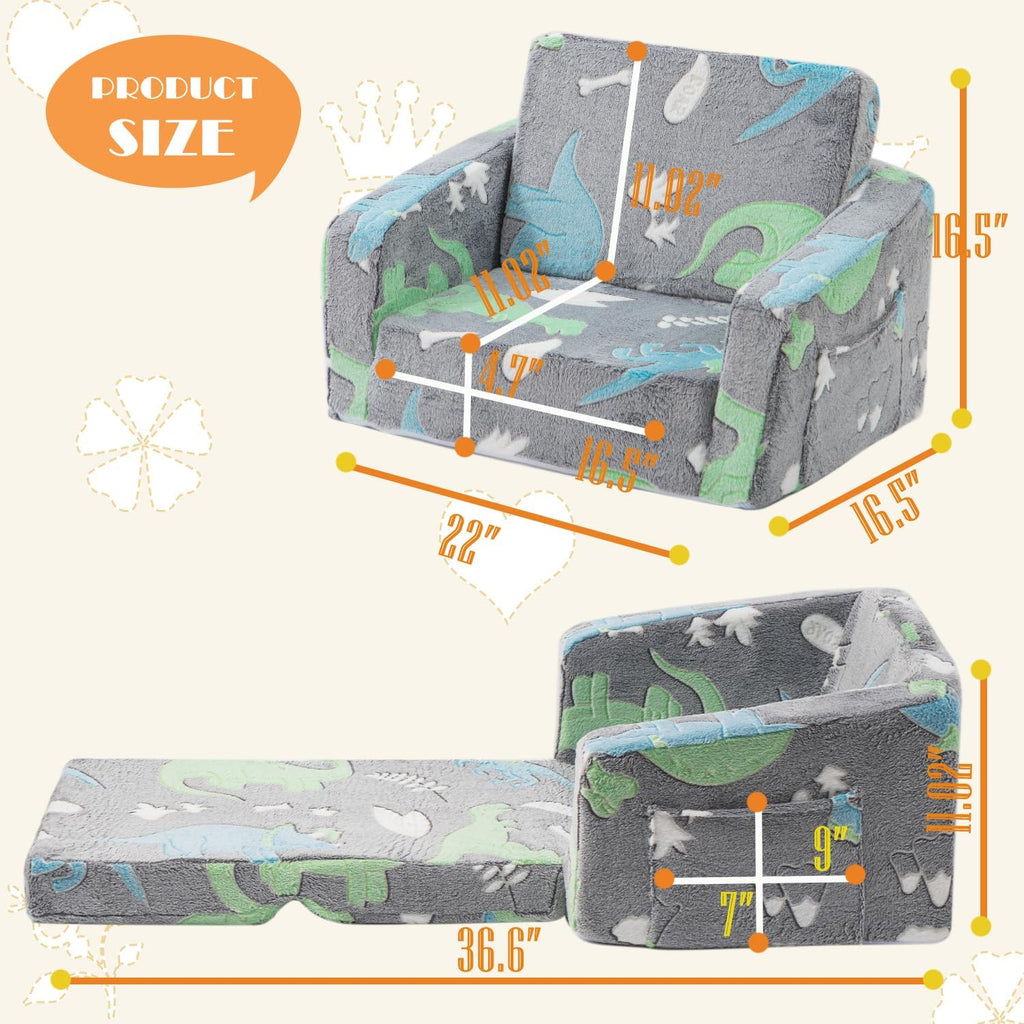 Baby Toddler Couch Chair Kids Foldable 2-in-1 Toddler Fold Out Couch Sofa for Playroom Pull Out Children Convertible Sofa to Lounger Chair for Boys & Girls with Side Pockets, Glow in the Dark Dinosaur