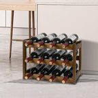 VASMIA Bamboo Wine Rack, Sturdy and Durable Wine Storage Cabinet Shelf, Wine Racks Countertop for Pantry,Kitchen,3-Tier 12 Bottles Wine Rack, Walnut