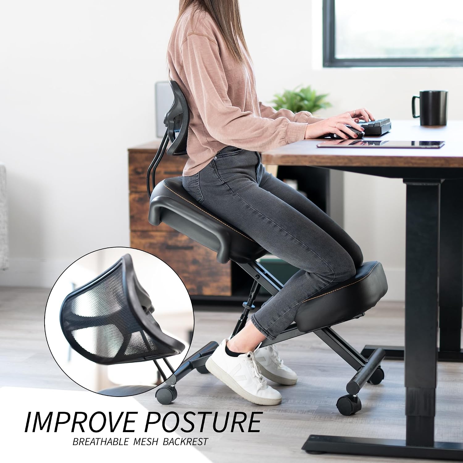 DRAGONN by VIVO Ergonomic Kneeling Chair with Back Support, Adjustable Stool for Home and Office with Angled Seat for Better Posture - Thick Comfortable Cushions, Black, DN-CH-K02B
