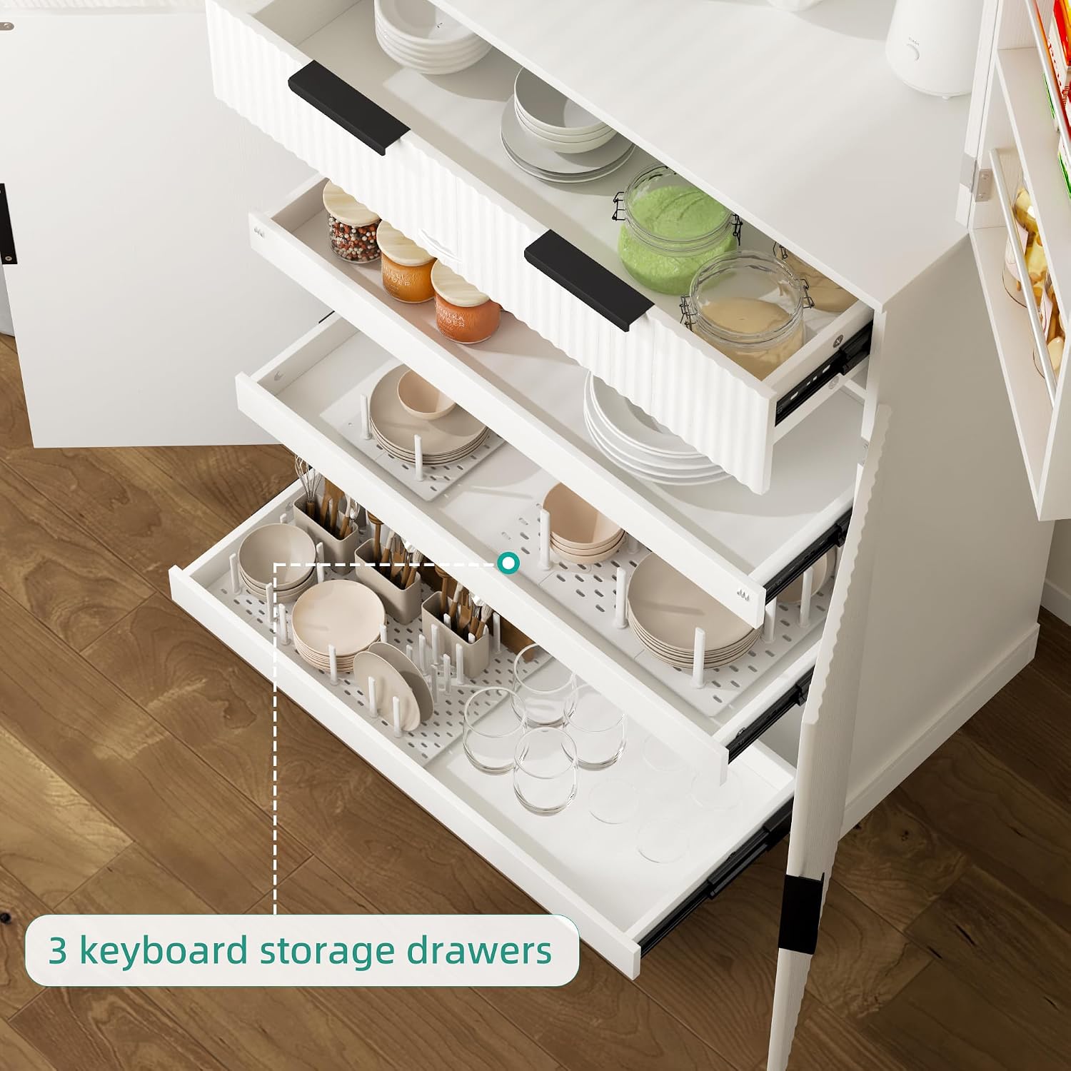 71.6'' Kitchen Pantry Cabinet, Fluted Storage Cabinet with 4 Doors + 6 Door Storage Shelves + 3 Sliding Shelves + 1 Drawer, Freestanding Wood Cupboard for Dining Room, Living Room, Bathroom