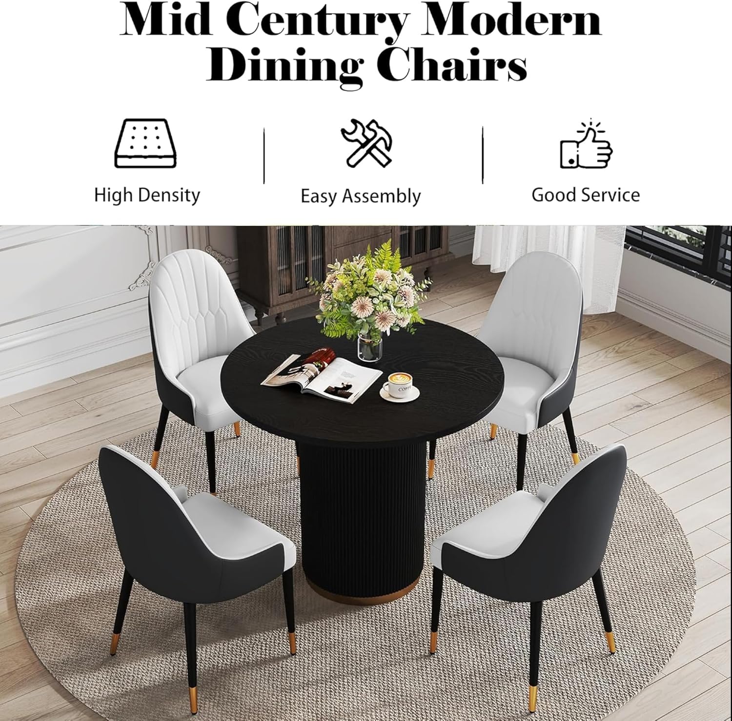 AF ARTISAN FURNITURE Black White Dining Chairs Set of 2 with High Backs Mid Century Modern Kitchen Dining Room Chairs PU Faux Leather Upholstered Large Padded Accent Chair with Legs