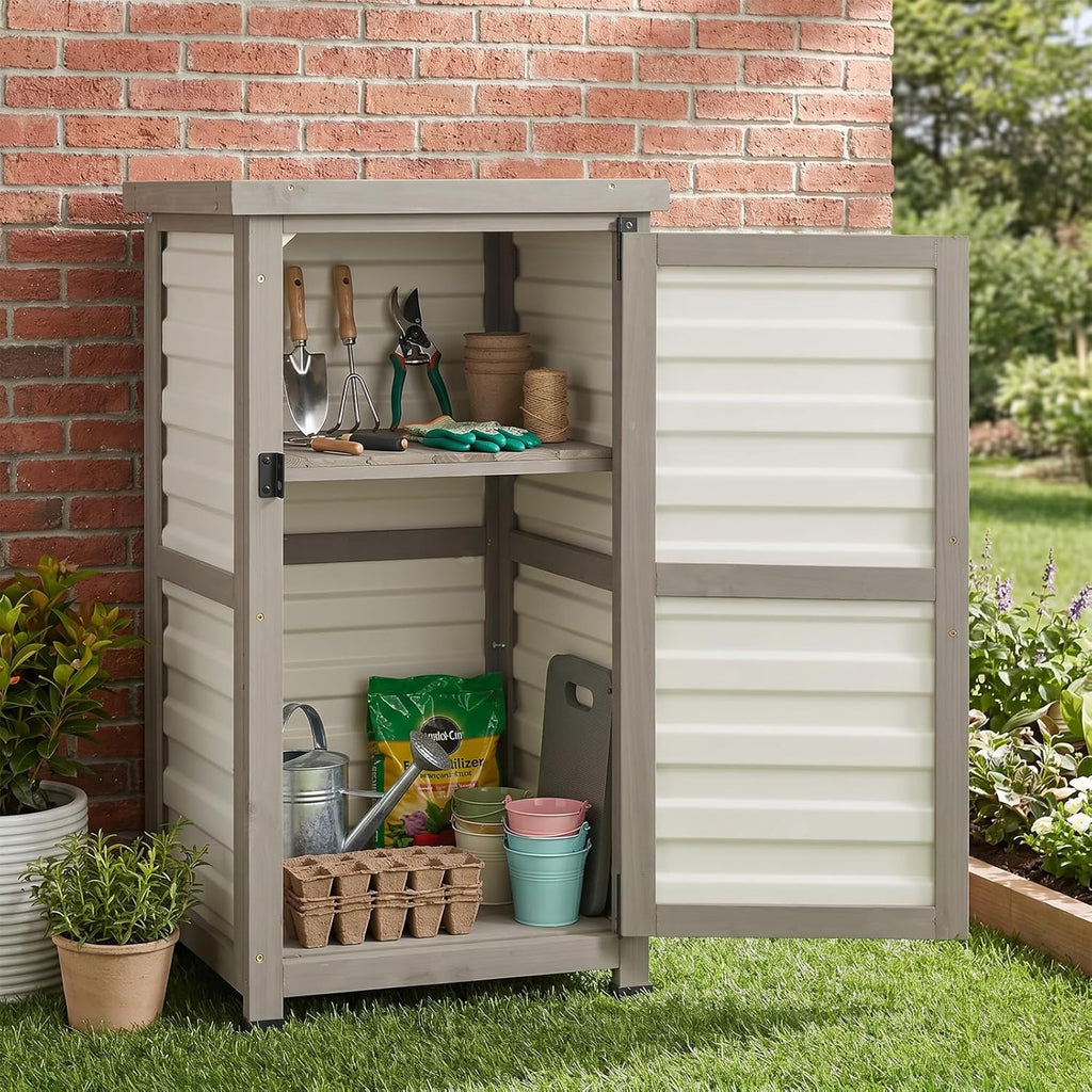Small Outdoor Storage Cabinet with Metal Top, 2-Tier Patio Potting Bench & Garden Tool Organizer, Adjustable Shelf Corner Storage Cabinet for Balcony Backyard Porch
