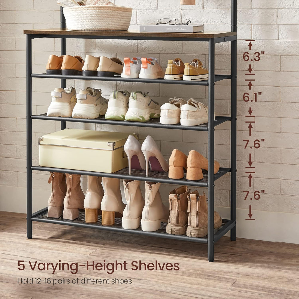VASAGLE Hall Tree with Shoe Bench, Coat Rack Shoe Bench, 5-Tier Shoe Rack Different Heights, 5 Dual Hooks, Top Shelf, Entryway Organizer, Hallway Bedroom Dorm, Rustic Brown and Black UHSR408B01