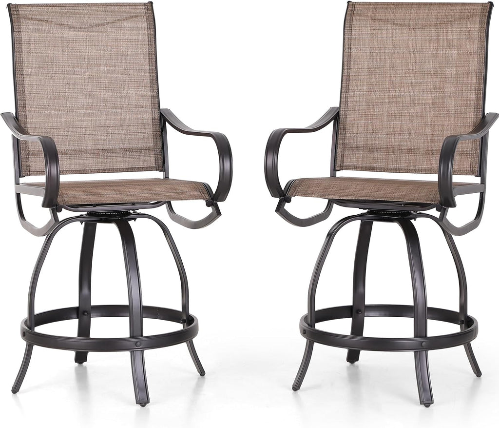 Sophia and William Patio Bar Stools Counter Height, Set of 2, Swivel Bar Chairs, Supports 300 lbs (Brown Fabric)