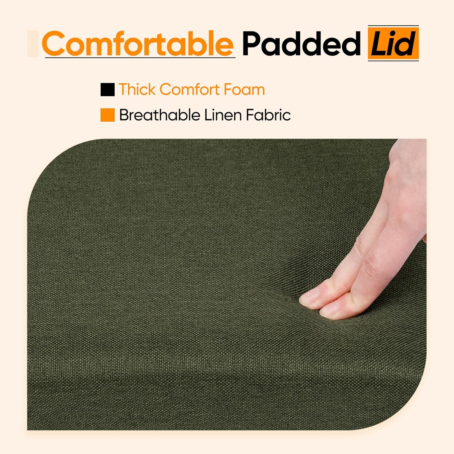 16.5 Inch Small Rectangular Storage Ottoman, Collapsible Footrest | Linen Fabric, Hidden Storage, Foldable Footstool with Padded Lid, Compact Size for Living Room, Bedroom and Dorm, Olive Green