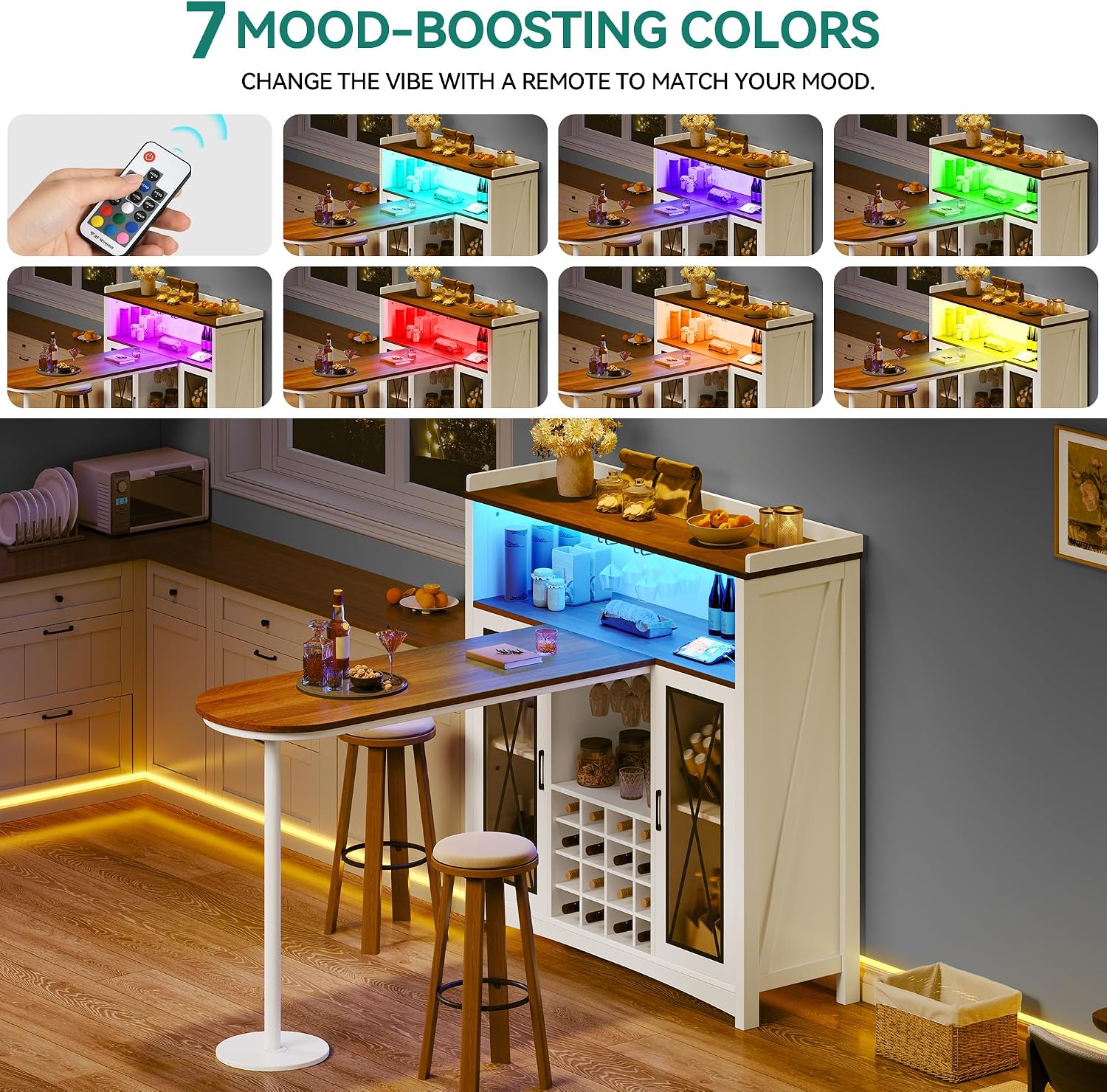 YITAHOME Mini Home Bar Unit with Wine Bar Cabinet & LED Light, Tall Height Large Bar Table with Wine Rack, Farmhouse Coffee Cabinet with Storage Glasses Hanger Footrest for Home Kitchen Pub, White