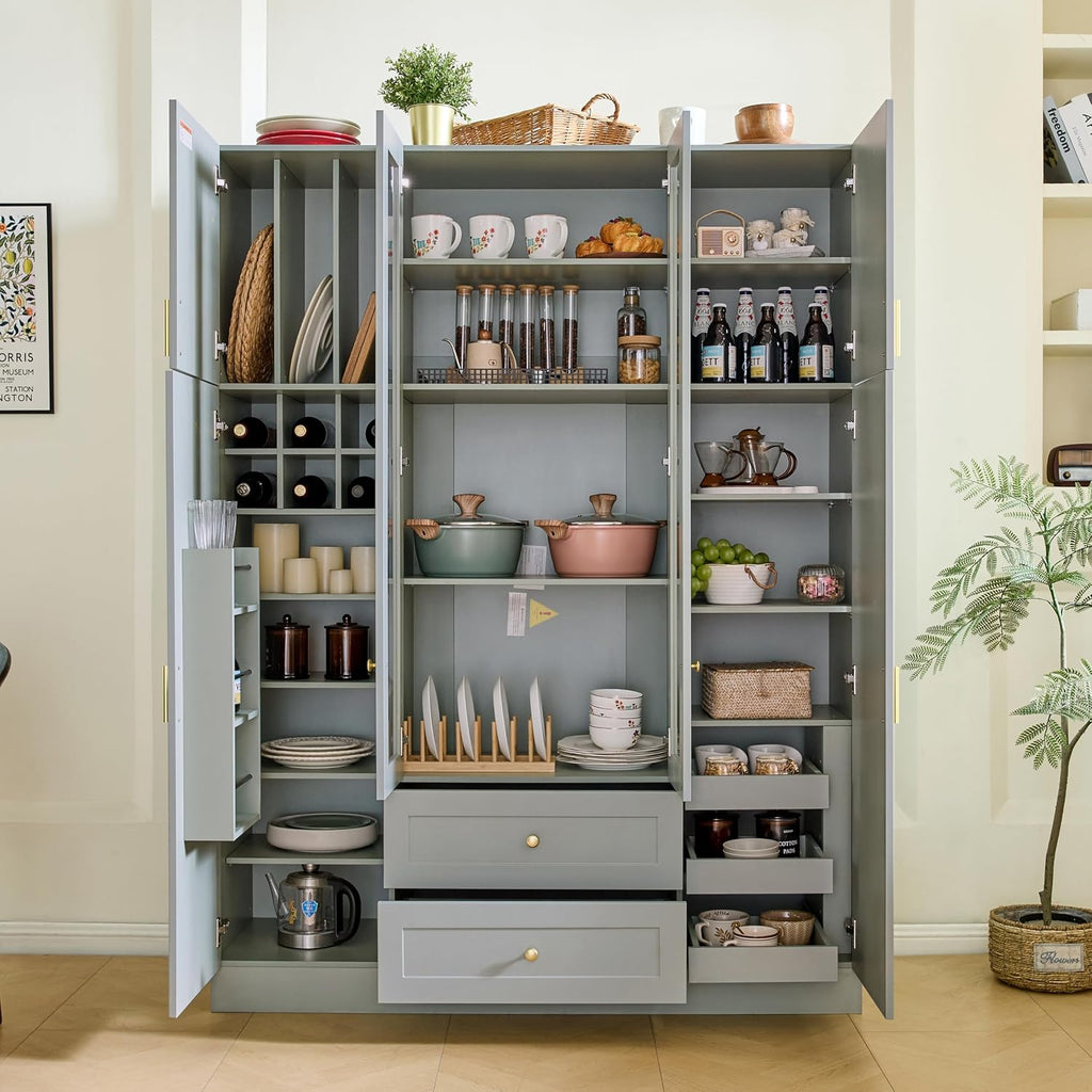 71" H Large Kitchen Pantry with 6 Doors, 53.2" L x 17.7" W Wooden Cupboard with Drawers, Pull-Out Trays, Wine Rack and Adjustable Shelves for Dining Room, Gray-Green