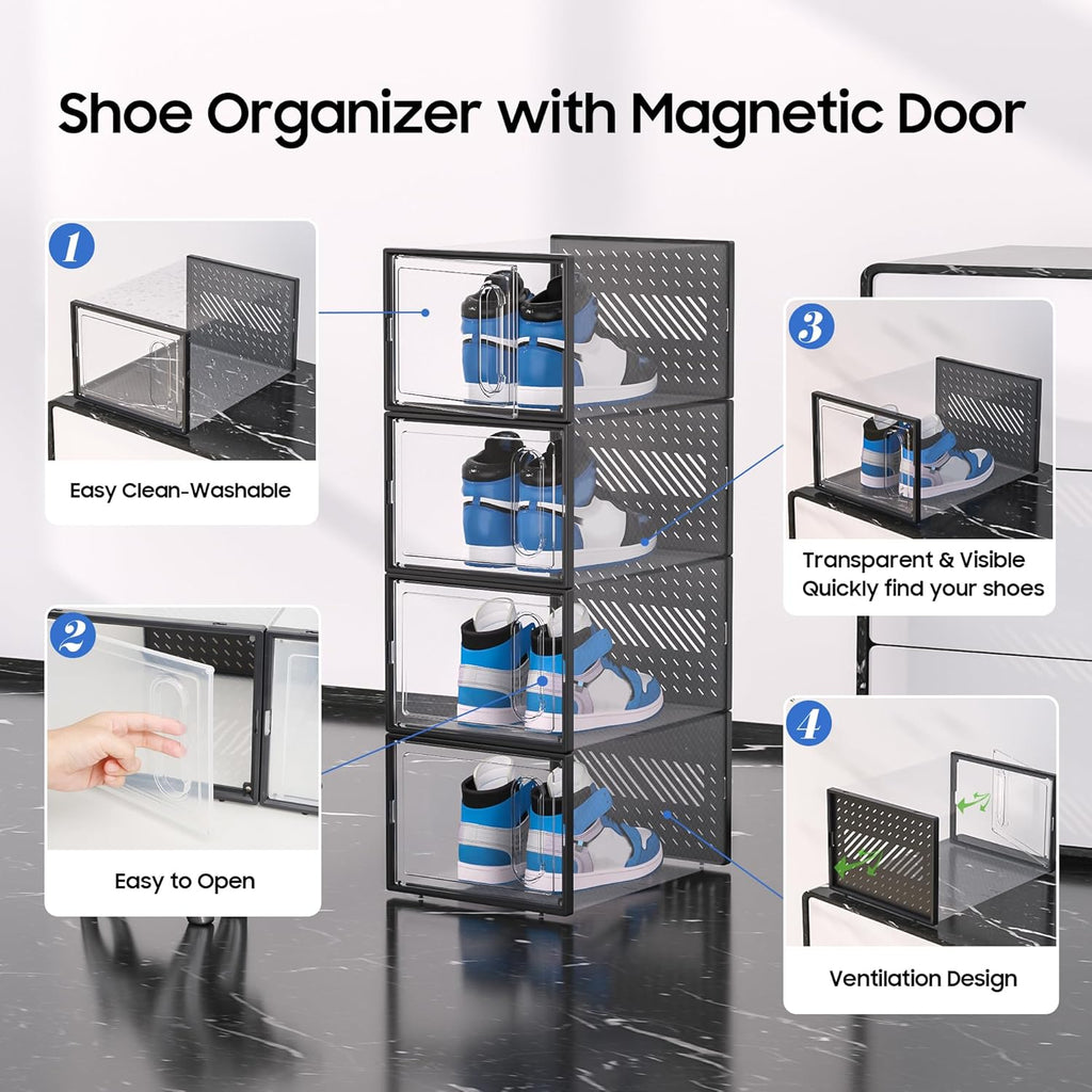 eWonLife X-Large Shoe Boxes with Magnetic Door, 12-Pack Stackable Shoes Storage Organizer for Closet, Clear Plastic Sneaker Container Shoe Rack for Size 12, Black