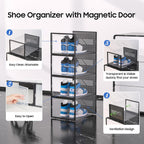 eWonLife X-Large Shoe Boxes with Magnetic Door, 12-Pack Stackable Shoes Storage Organizer for Closet, Clear Plastic Sneaker Container Shoe Rack for Size 12, Black