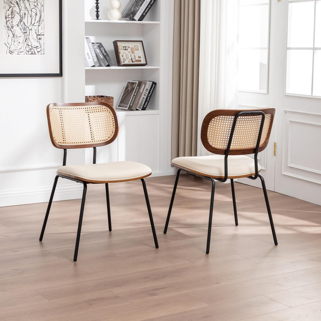 AQG Rattan Dining Chairs, Mid Century Modern Dining Chairs, Cane Back Chairs Set of 2, Cane Back Faux Leather, Kitchen & Dining Room Chairs with Metal Legs (Beige-PU, Set of 2-Rattan)