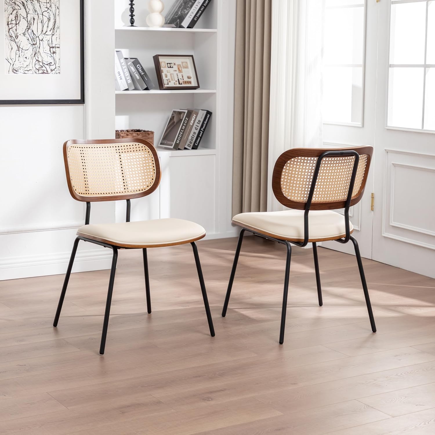 AQG Rattan Dining Chairs, Mid Century Modern Dining Chairs, Cane Back Chairs Set of 2, Cane Back Faux Leather, Kitchen & Dining Room Chairs with Metal Legs (Beige-PU, Set of 2-Rattan)