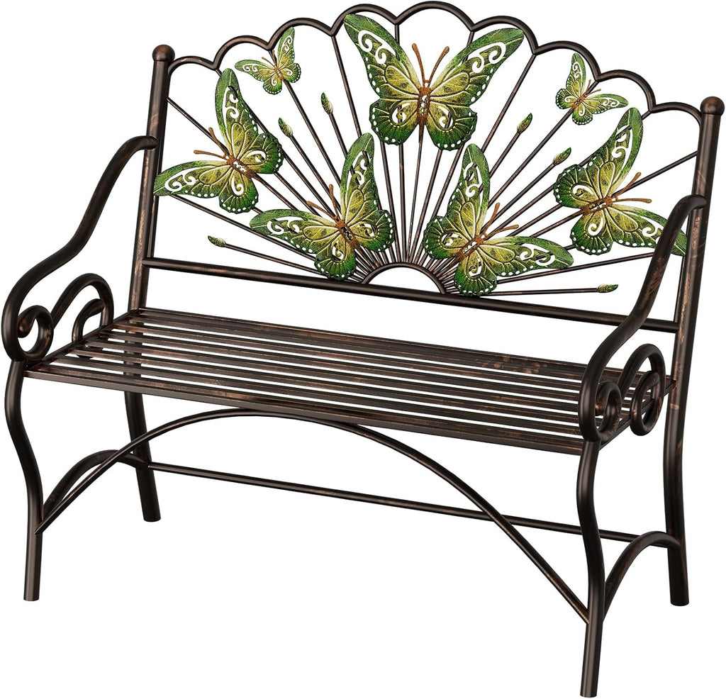 39.7" Arched Back Garden Bench, Metal Outdoor Bench with Scalloped Butterfly Pattern Backrest, Heavy Duty Patio Loveseat with Armrests & Slatted Seat for Front Porch, Backyard, Lawn & Park, Black