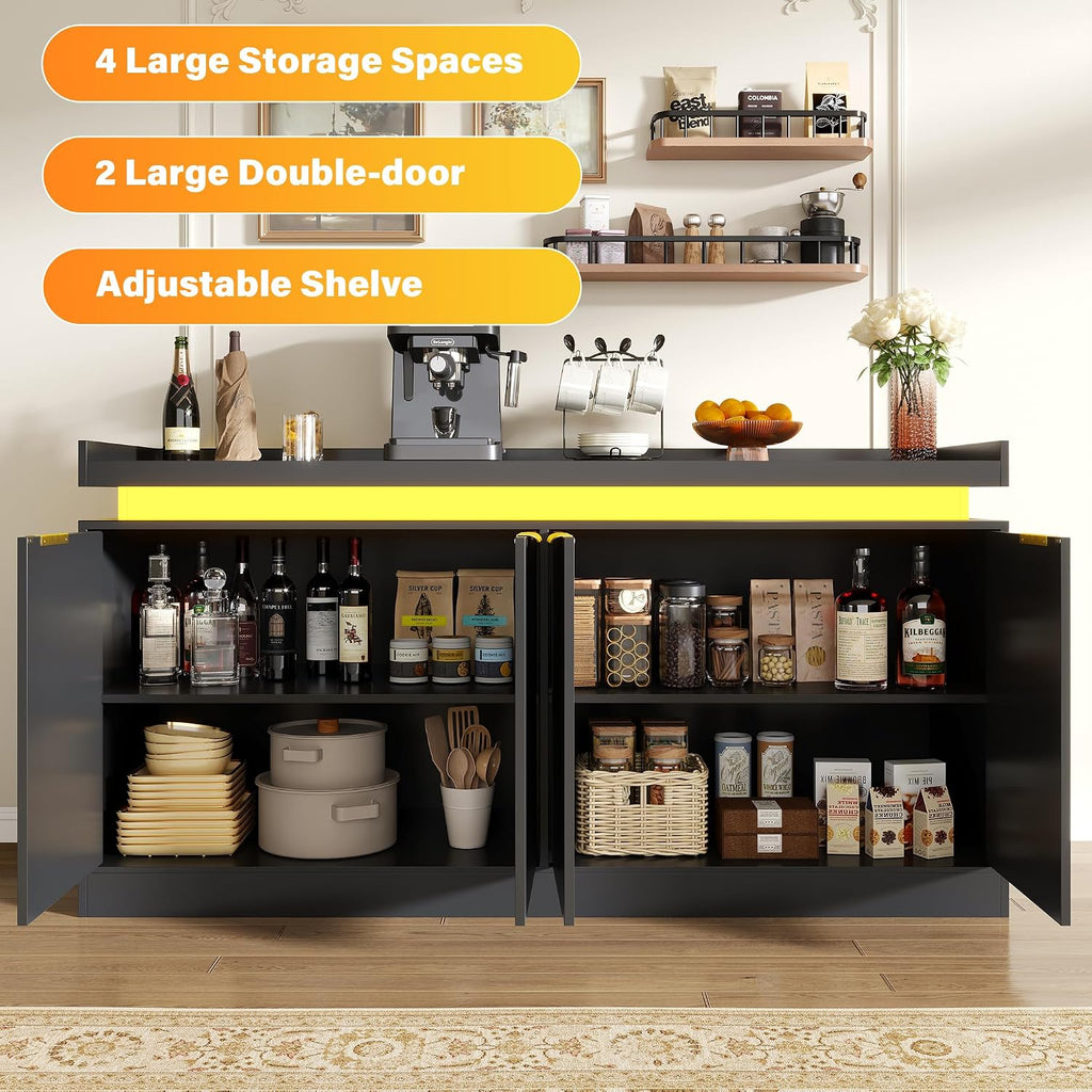 UNIQUITE 63" Sideboard Buffet Cabinet, Kitchen Buffet Cabinet Storage Cabinets with Power Outlets & LED Light, Modern Sideboard Coffee Bar Buffet Cabinets for Kitchen, Dinning, Living Room