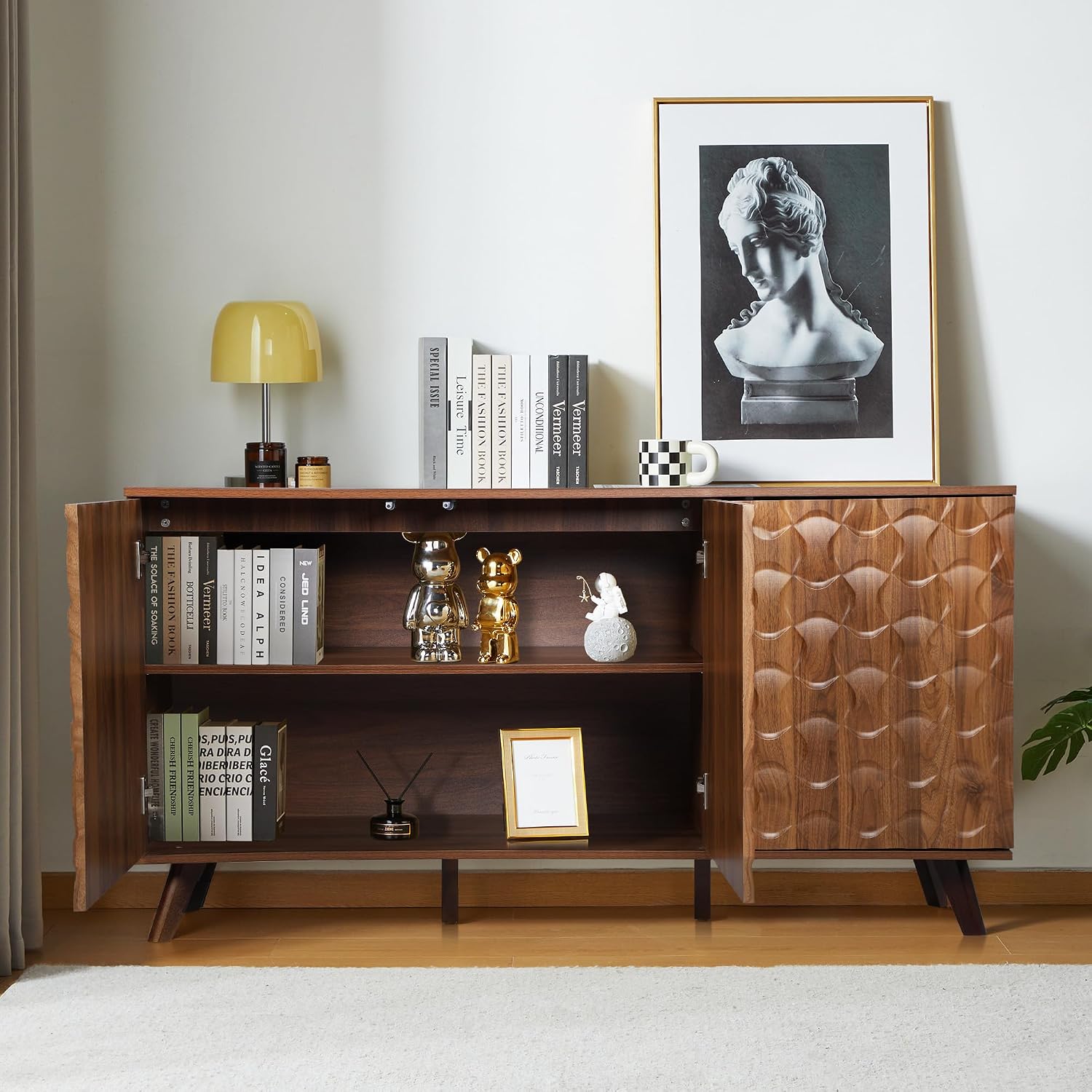 Modern Sideboard Buffet Cabinet with Scandinavian Fluted Door, 58'' Large Kitchen Storage Cabinet with Press Type Door, Accent Console Table for Dining Room Living Room (Walnut)