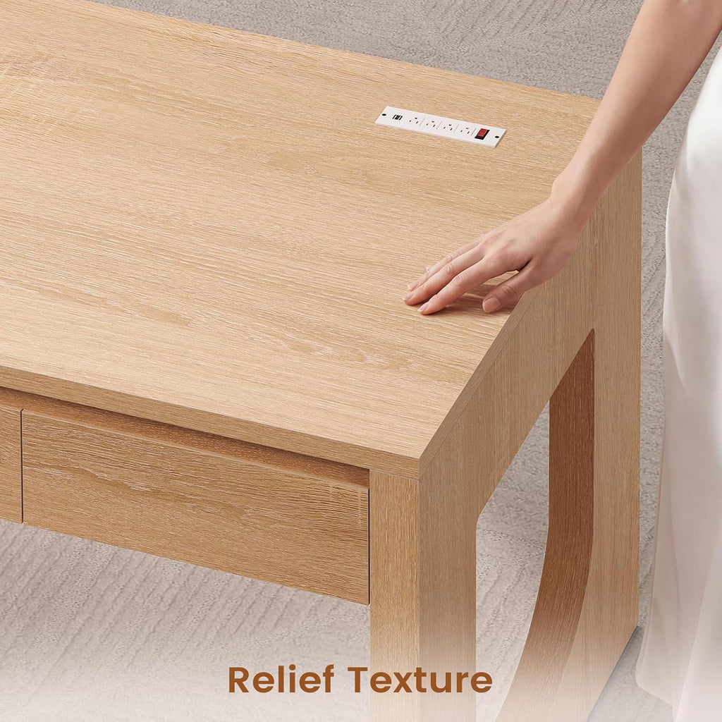 SEDETA Modern Office Desk with 3 Drawers, 55" Executive Desk with U-Shaped Legs, Wood Computer Desk with Power Outlet, Home Office Desks with Relief Texture, Natrual