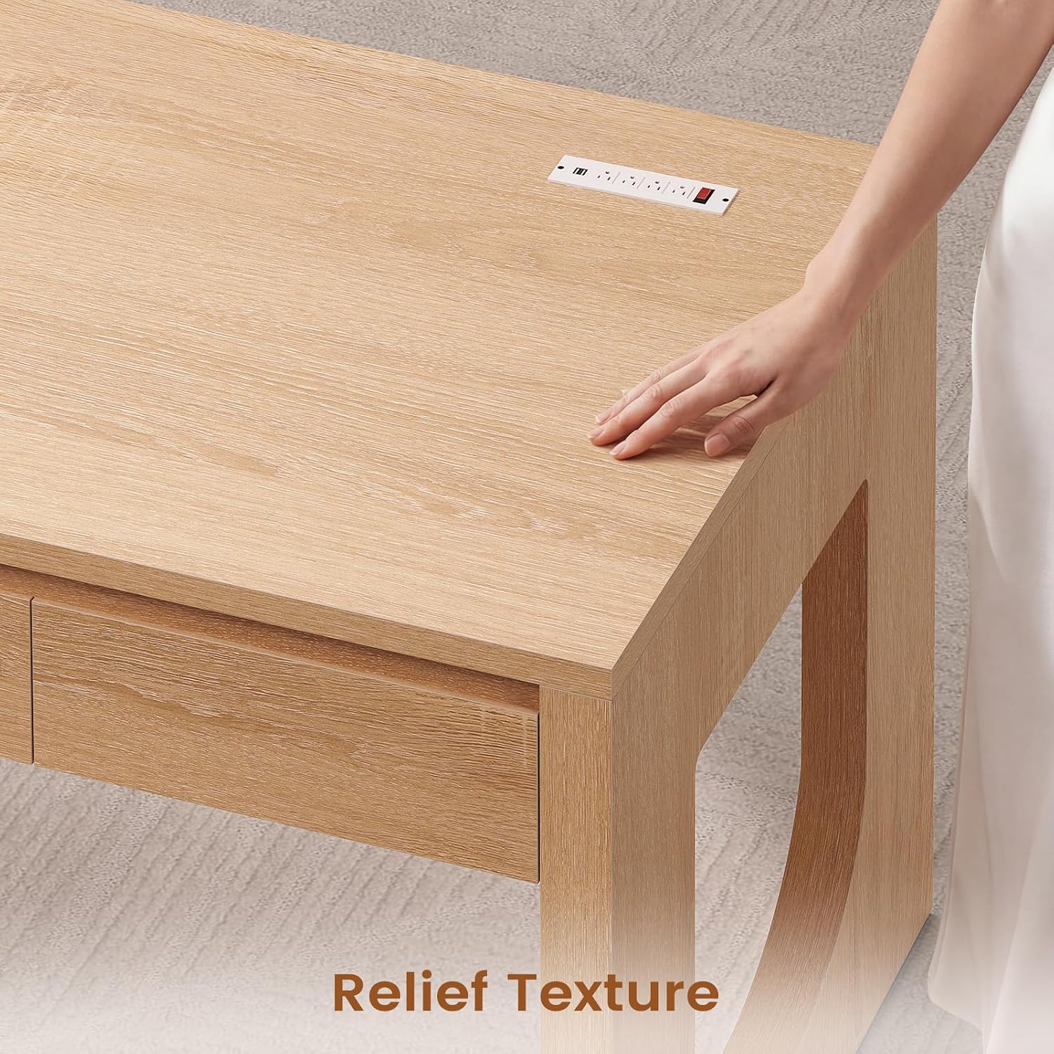 SEDETA Modern Office Desk with 3 Drawers, 55" Executive Desk with U-Shaped Legs, Wood Computer Desk with Power Outlet, Home Office Desks with Relief Texture, Natrual