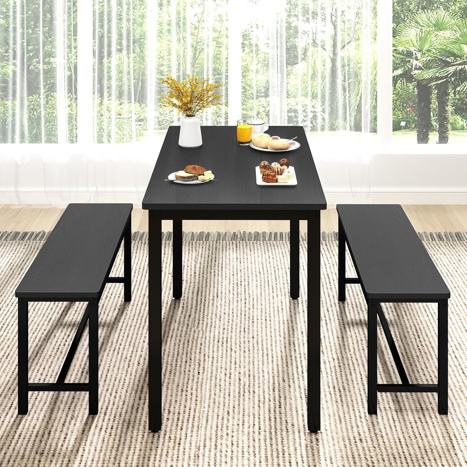 Rovibek 43" Dining Room Table Chairs Set for 4, Modern Space Saving Kitchen Table with 2 Benches & Adjustable Feet Breakfast Table, Wooden Industrial Style Farmhouse, Jet Black
