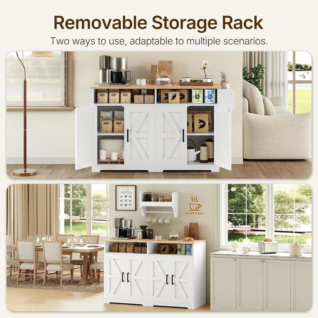 YATINEY Coffee Bar Cabinet, Kitchen Island with Storage, Farmhouse Sideboard Buffet Cabinet with Dual-Purpose Floating Shelf and Hooks, for Restaurant, Living Room, White and Natural KF32WN