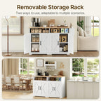 YATINEY Coffee Bar Cabinet, Kitchen Island with Storage, Farmhouse Sideboard Buffet Cabinet with Dual-Purpose Floating Shelf and Hooks, for Restaurant, Living Room, White and Natural KF32WN