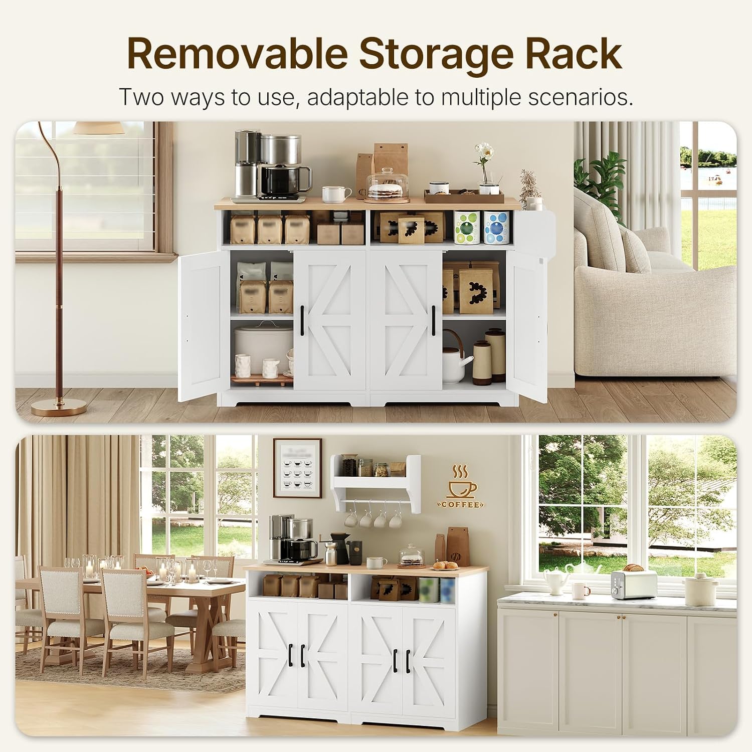 YATINEY Coffee Bar Cabinet, Kitchen Island with Storage, Farmhouse Sideboard Buffet Cabinet with Dual-Purpose Floating Shelf and Hooks, for Restaurant, Living Room, White and Natural KF32WN