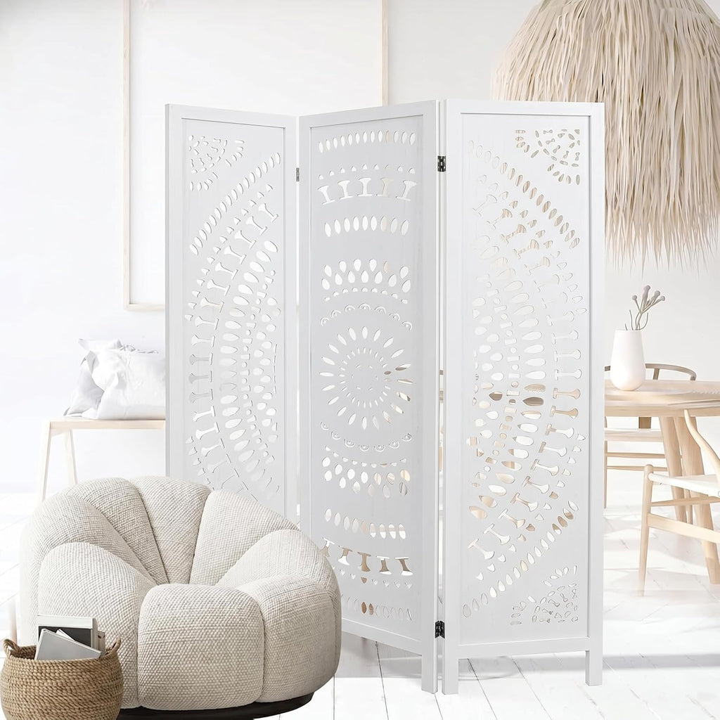 3 Panel White Room Divider, 67 Inch Wood Carved Privacy Screen, Bohemian Style Folding Room Divider, Portable Partition Wall Divider for Room Separation (White)