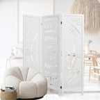 3 Panel White Room Divider, 67 Inch Wood Carved Privacy Screen, Bohemian Style Folding Room Divider, Portable Partition Wall Divider for Room Separation (White)