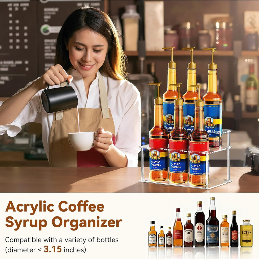 Nuovoware Acrylic Coffee Syrup Organizer, 2-Tier 6 Bottles Bar Organizer, Clear Coffee Syrup Rack for Countertop Kitchen Bar, Surface Film Can be Peeled Off, Transparent